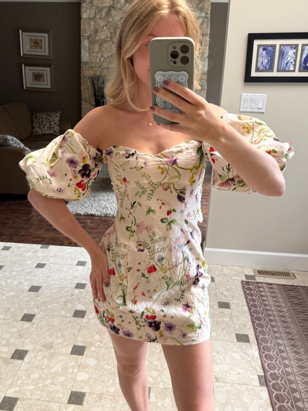 Floral Puff-Sleeve Off-Shoulder Mini Dress - Cream